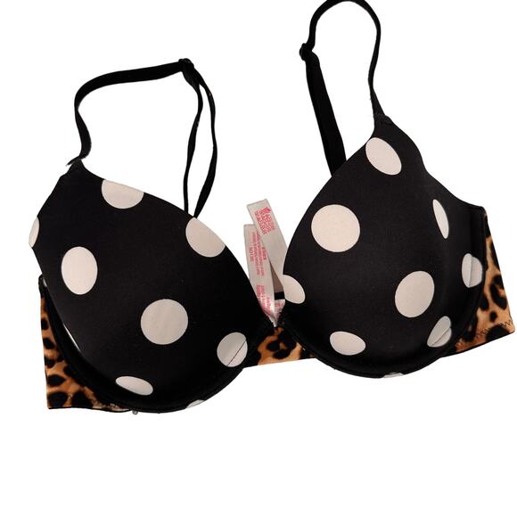 Pink VS Wear Everywhere T-SHirt Lightly Lined Polka Dot Leopard Bra Size 32C - Picture 1 of 6